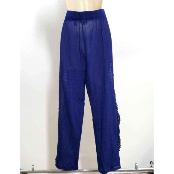 Ellen Weaver Womens M Palazzo Pants Royal Blue Elastic Waist Lace Side Seam New - Picture 2 of 7